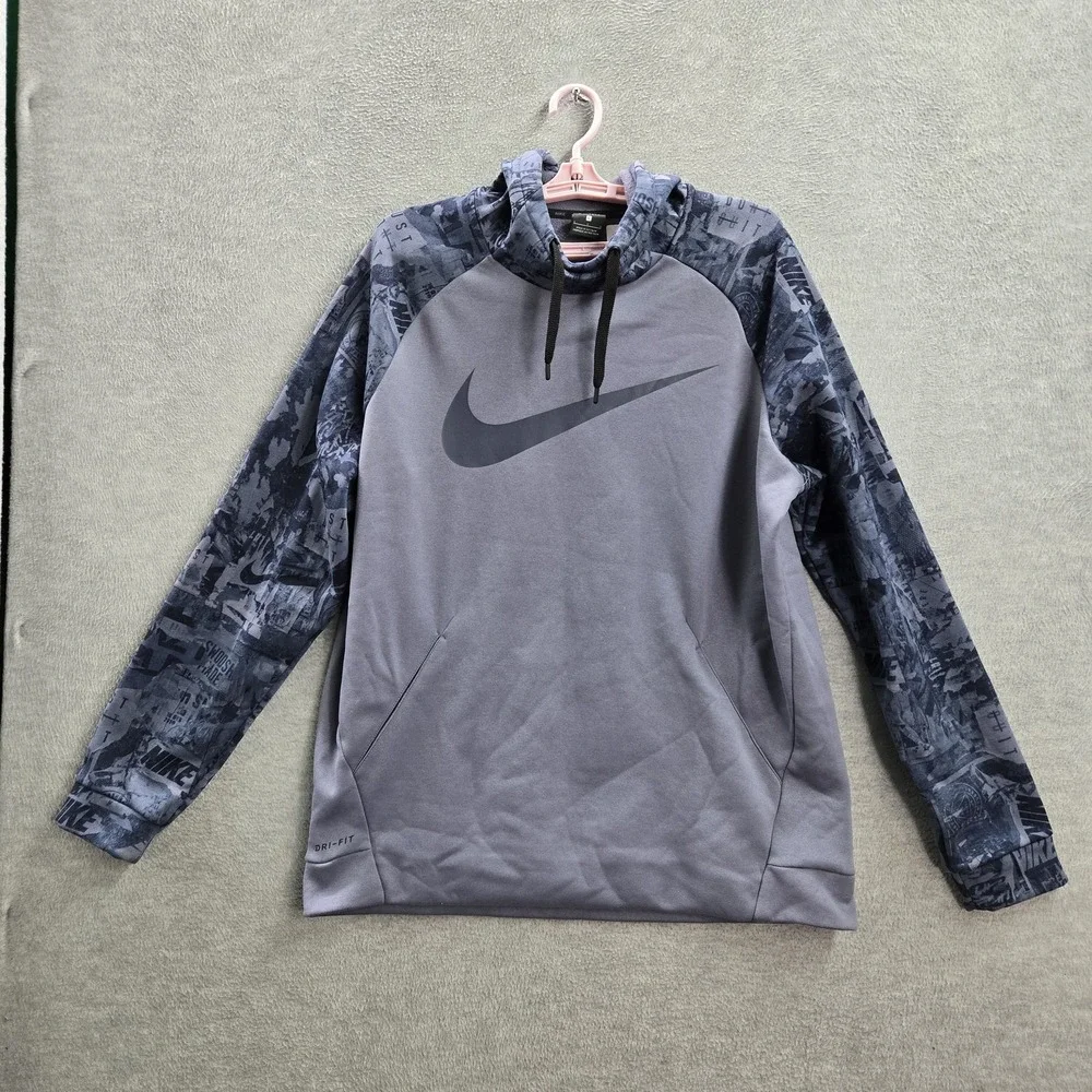 Nike Men Hoodie L Gray Big Center Swoosh Camo Raglan Long Sleeve‎ Pullover
